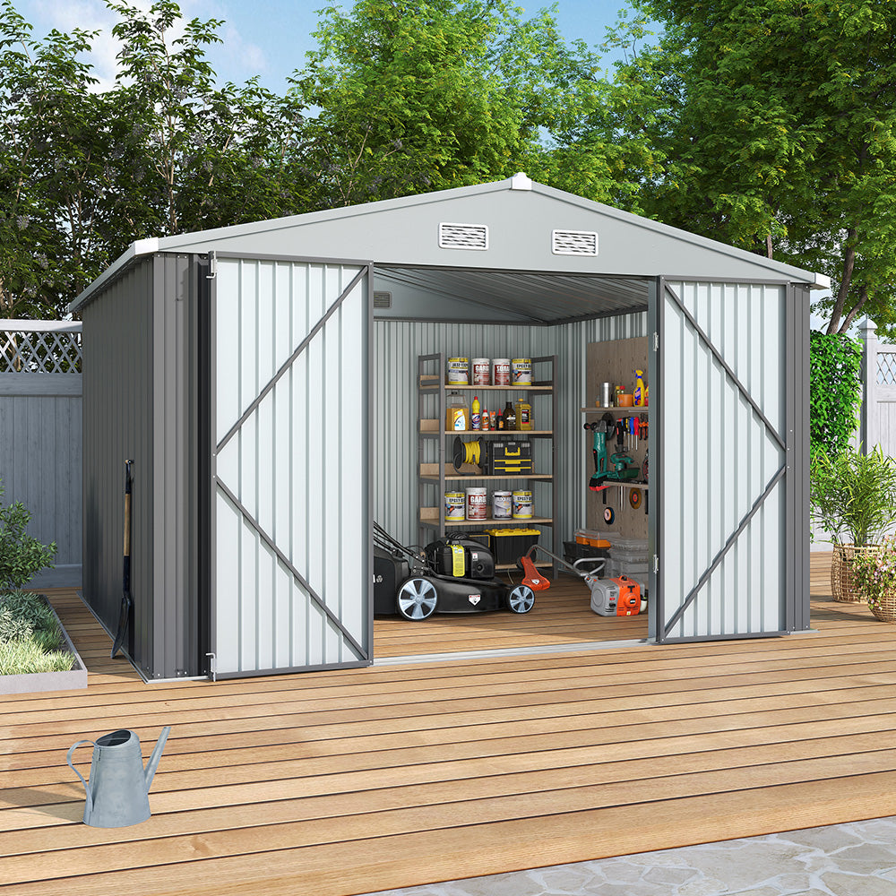10x12ft galvanized steel motorcycle shed with lockable double doors and apex roof – ideal for secure garden storage